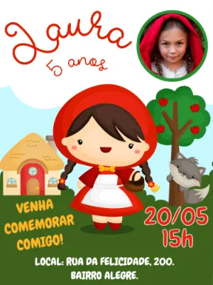 Convite Aniversário Chapéuzinho Vermelho com Foto para Editar