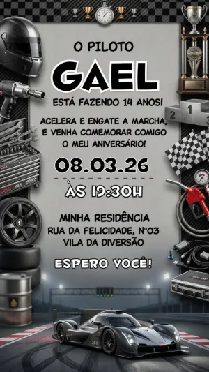 Convite de Aniversário Carro de Corrida Moderno para Editar