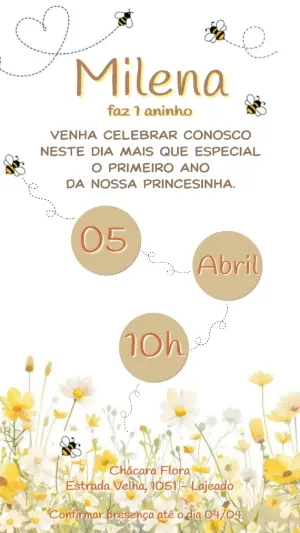 Convite de Aniversário Abelhinha com Flores Modelo Editável
