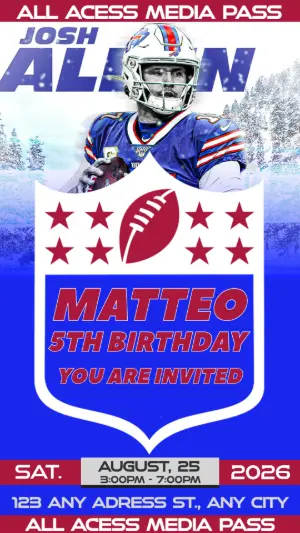 Football Birthday Media Pass Invitation Josh Allen