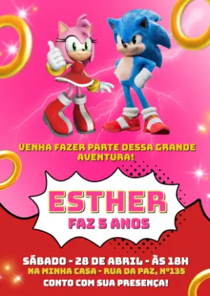 Convite de Aniversário Sonic e Amy Rose Editável
