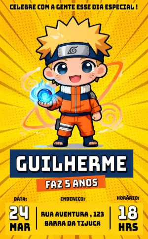 Convite Digital Aniversário Infantil Tema Naruto para Editar