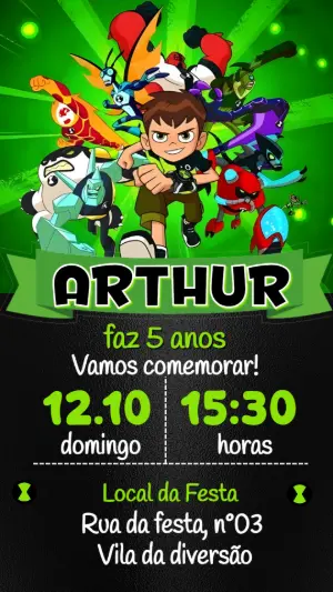 Convite de Aniversário Ben 10 Verde e Preto para Editar