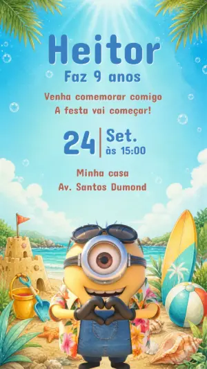 Convite de Aniversário Minions na Praia Editável