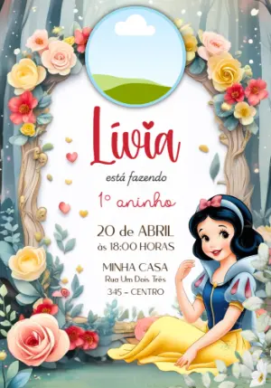 Convite Aniversário Branca de Neve Bosque com Foto para Editar