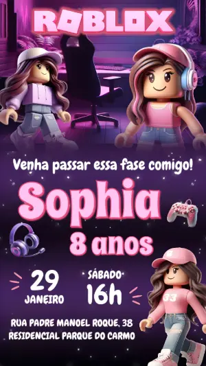 Convite de Aniversário Roblox Menina Gamer Rosa Editável