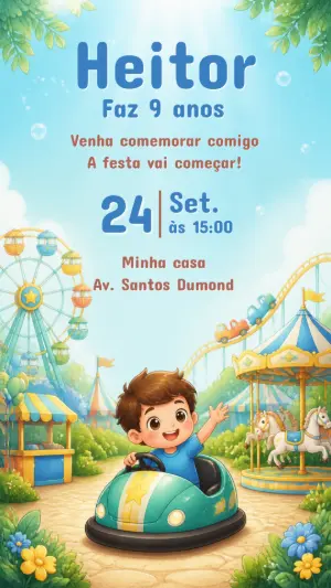Convite de Aniversário Infantil Parque de Diversões Editável