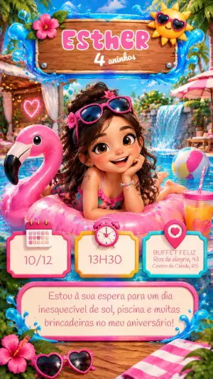 Convite de Aniversário Festa na Piscina para Menina Editável