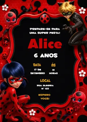 Convite de Aniversário Ladybug e Cat Noir para Editar