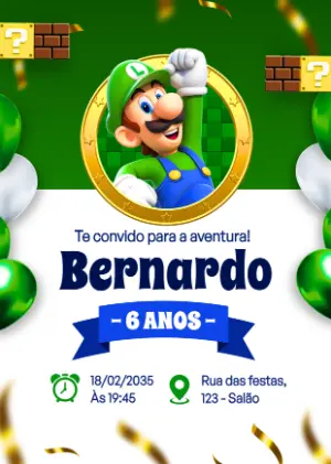Convite de Aniversário Luigi Super Mario Bros Editável