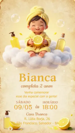Convite de Aniversário Infantil Tema Spa Limão Editável