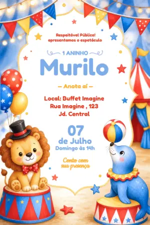 Convite de Aniversário Circo Fofo com Animais para Editar