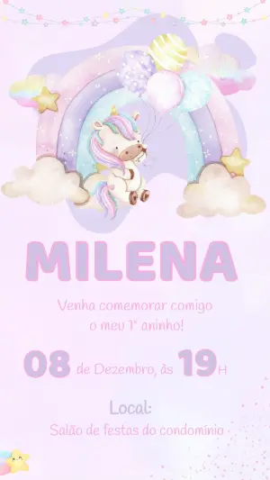 Convite de Aniversário Unicórnio Aquarela Editável
