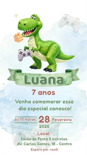 Convite Digital Infantil Dinossauro e Videogame Editável