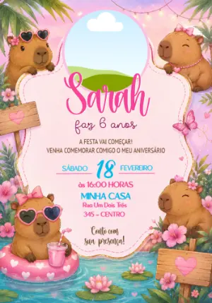Convite de Aniversário Capivara com Foto Editável