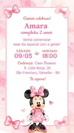 Convite Digital Minnie Rosa Editável para Festa Infantil