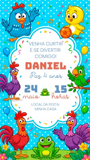 Convite de Aniversário Galinha Colorida Editável para Festa