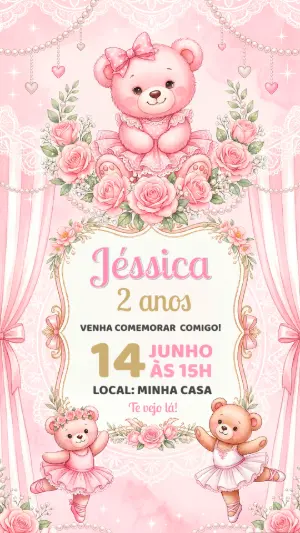 Convite de Aniversário Ursinha Bailarina Rosa Editável