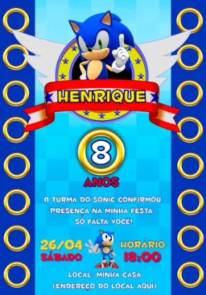 Convite de Aniversário Sonic para Editar e Imprimir Online