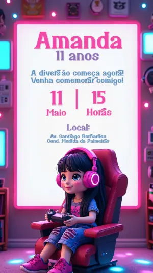 Convite Aniversário Gamer Menina para Editar Online