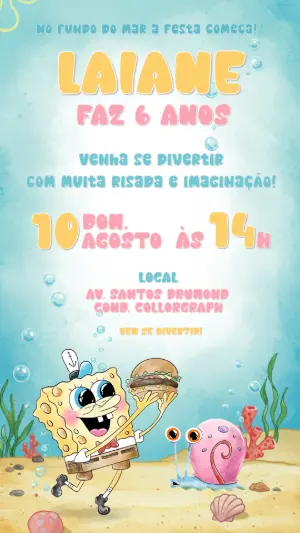 Convite de Aniversário Bob Esponja para Editar Online