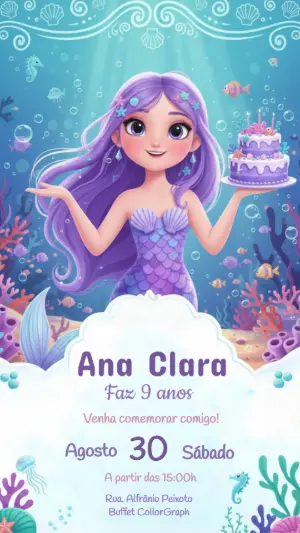 Convite de Aniversário Sereia Fundo do Mar Modelo Editável