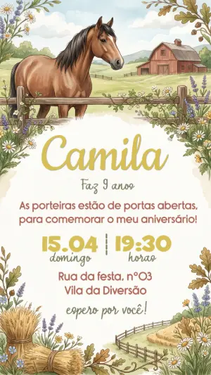 Convite de Aniversário Cavalo Fazenda Editável