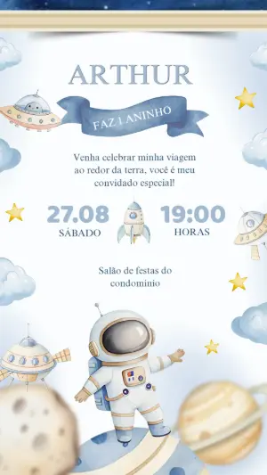 Convite de Aniversário Astronauta no Espaço para Editar Online