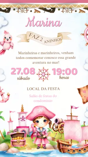 Convite Aniversário Pirata Marinheira Menina para Editar Online