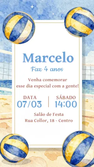 Convite Digital Aniversário Infantil Vôlei Aquarela Editável