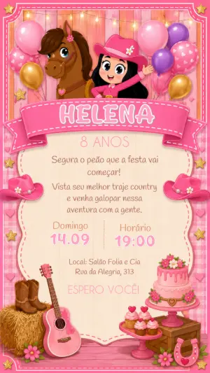 Convite de Aniversário Boiadeira Country Editável para Menina