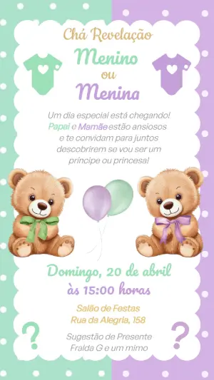 Convite Chá Revelação Ursinhos Lilás e Verde para Editar