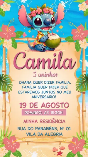 Convite de Aniversário Stitch Tropical Editável para Editar