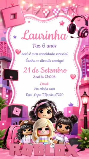 Convite Aniversário Roblox Menina Rosa e Roxo Editável