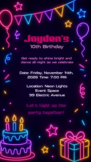 Neon Glow Birthday Party Invitation - Editable Digital Template