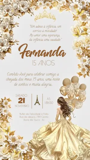 Convite de 15 Anos Dourado Princesa Parisiense para Editar
