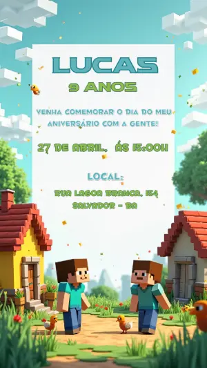 Convite de Aniversário Minecraft com Personagens para Editar