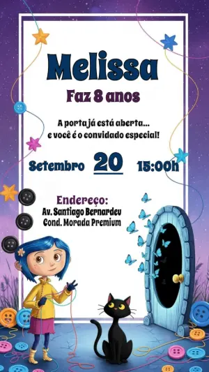 Convite de Aniversário Coraline para Editar e Enviar Online