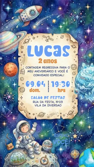Convite Aniversário Astronauta Aquarela para Editar