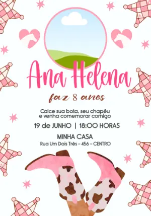 Convite de Aniversário Cowgirl Rosa com Foto para Editar