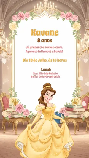 Convite Aniversário A Bela e a Fera para Editar Online