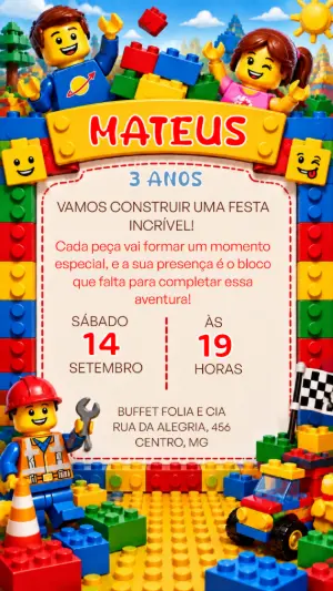 Convite de Aniversário Lego Infantil Modelo Editável