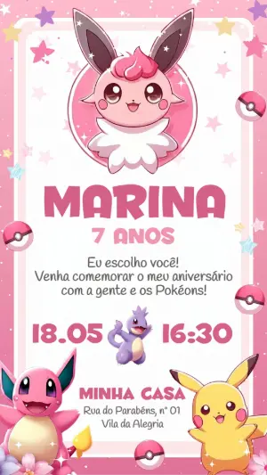 Convite de Aniversário Pokémon Rosa para Menina Editável