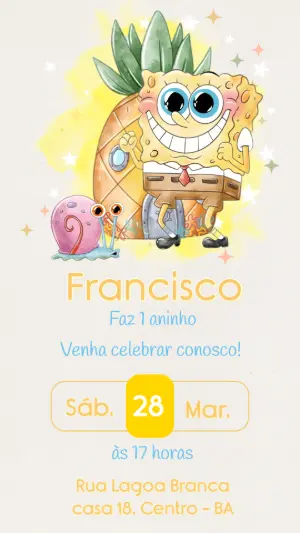 Convite de Aniversário Bob Esponja Aquarela para Editar