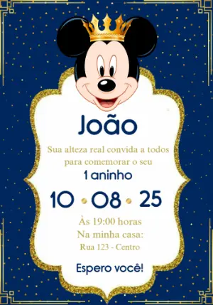 Convite Aniversário Mickey Realeza para Editar Online