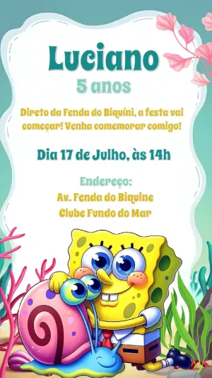 Convite Aniversário Bob Esponja e Gary para Editar Online