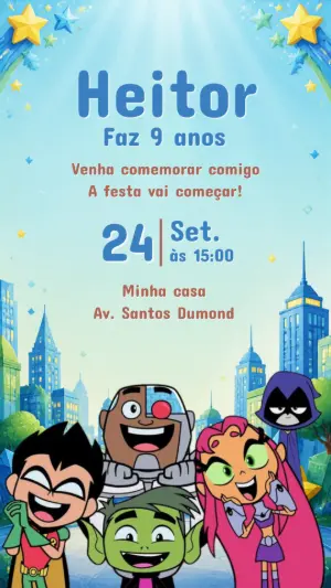 Convite de Aniversário Jovens Titãs Editável para Menino