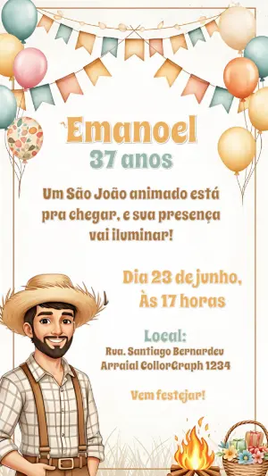 Convite Aniversário São João Ilustrado para Editar Online