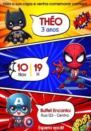 Convite Aniversário Super-Heróis Estilo Gibi para Editar