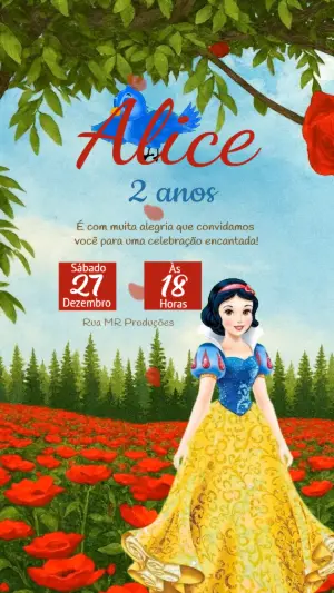 Convite Animado Branca de Neve no Campo de Flores para Editar